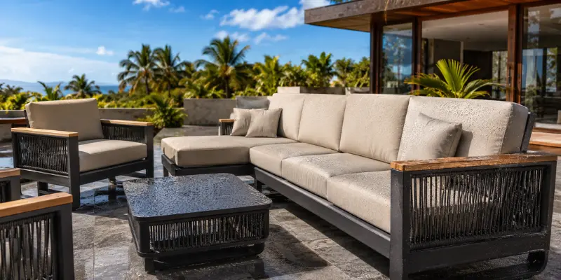 Close-up of a durable PE rattan and teak wood outdoor sofa material that does not fade in the sun.