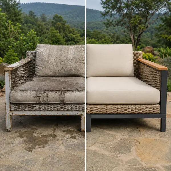 Luxury eco resort outdoor furniture set built with marine-grade aluminium for Mahabaleshwar resorts.