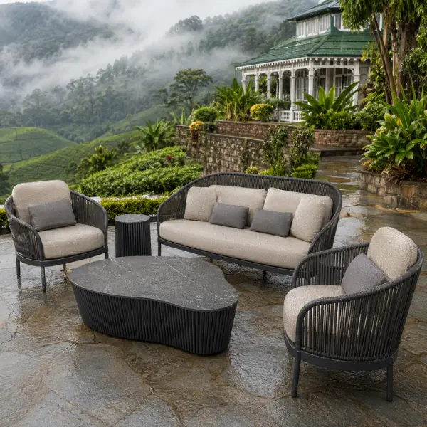 Premium eco resort outdoor furniture manufactured for Munnar's sustainable hospitality sector.