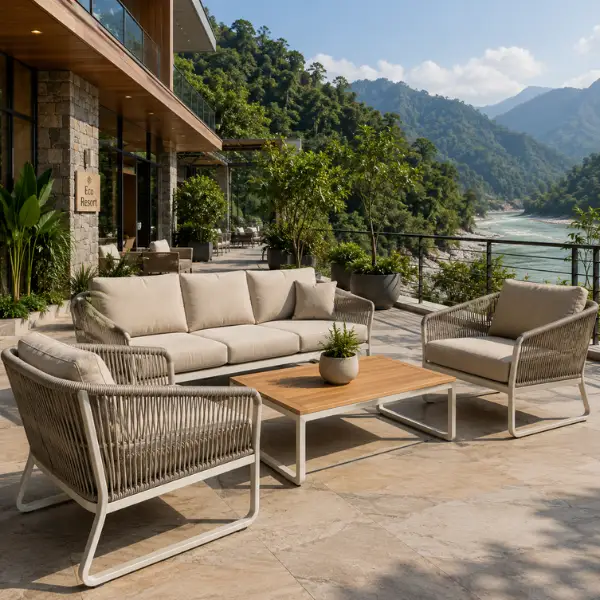 Luxury poolside loungers at an eco resort in Rishikesh