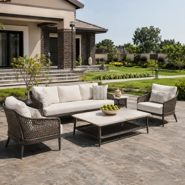 Custom outdoor farmhouse furniture manufactured in India for properties in Surat, featuring rust-proof marine-grade aluminium frames.