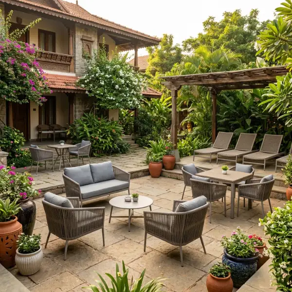 Factory-direct guesthouse furniture supplier in Tirupati, offering rust-proof marine-grade aluminium outdoor sets.