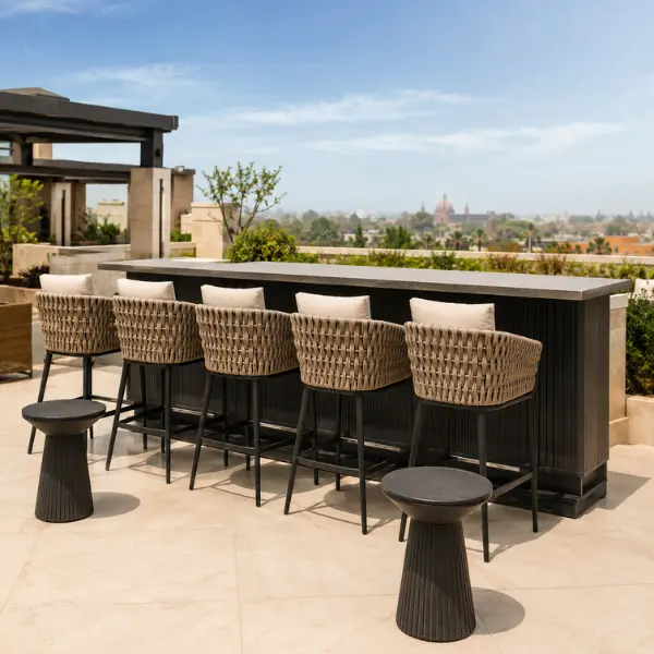 Durable heat-resistant outdoor restaurant seating built for 5-star hotel rooftops in Agra.