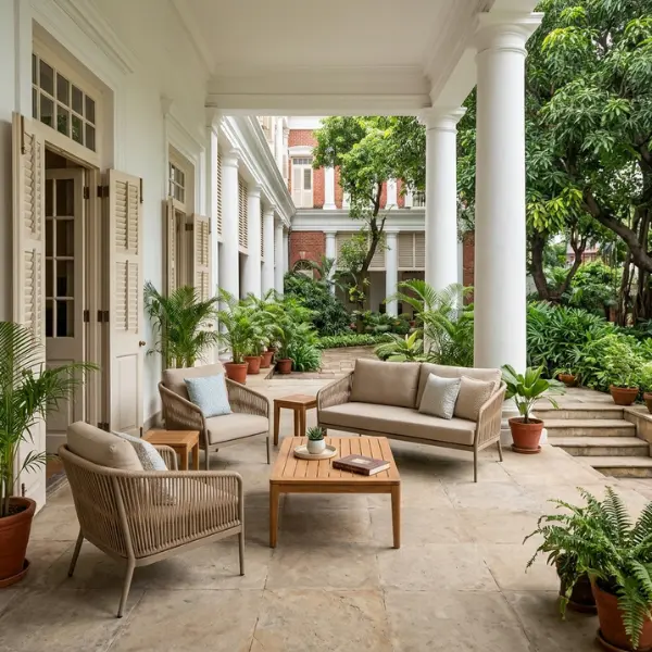 Elegant garden furniture placed in a heritage bungalow verandah in Kolkata.