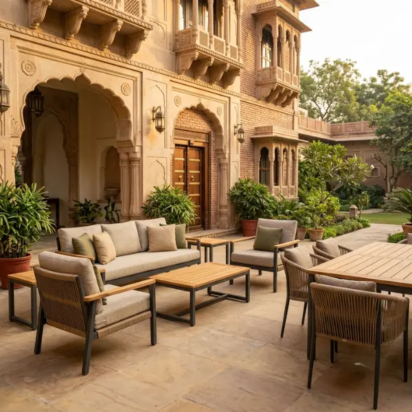 Custom hotel furniture amritsar manufactured specifically for heritage properties, featuring rust-proof frames.