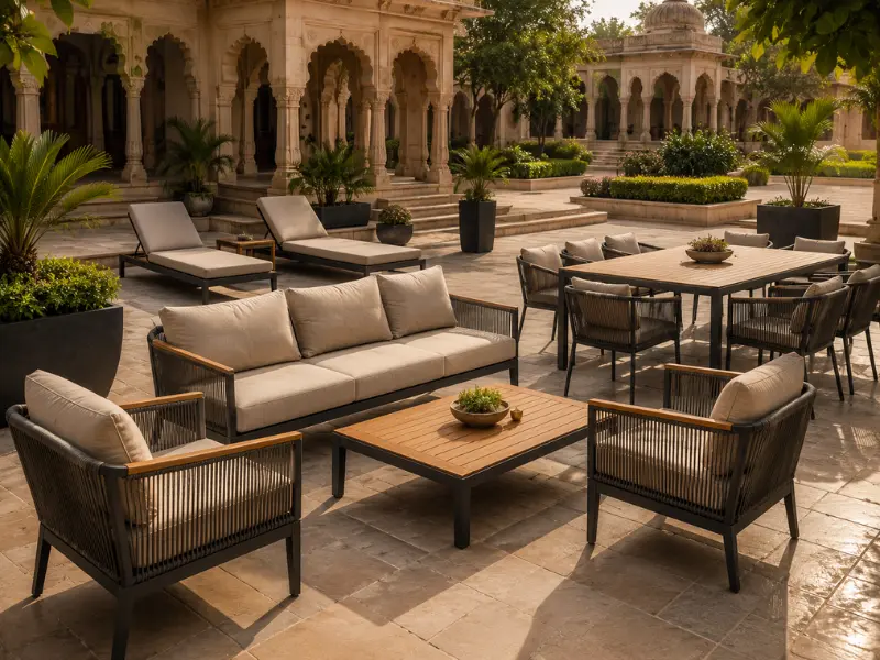 Premium heritage hotel patio furniture in Lucknow featuring royal wood-finish aluminium frames for luxury courtyards.