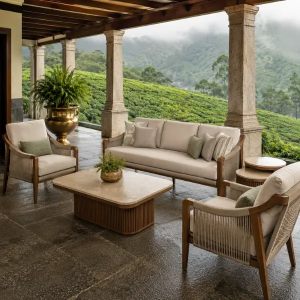 Elegant heritage resort garden furniture designed to complement traditional Munnar plantation bungalows.