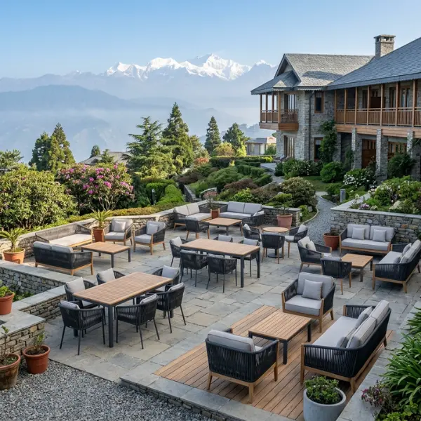 High-altitude cold climate resort furniture designed for Darjeeling properties, featuring marine-grade aluminium that resists rust and frost.