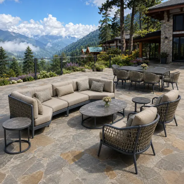 Weatherproof hill resort furniture manufactured by Craftnika for high-altitude luxury properties.