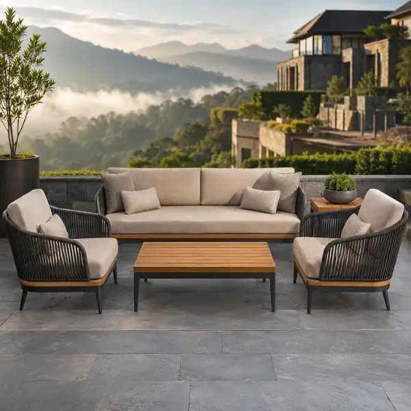 Luxury weather-proof patio furniture set designed for hill station hotels in Coimbatore, featuring durable teak and UV-resistant wicker.