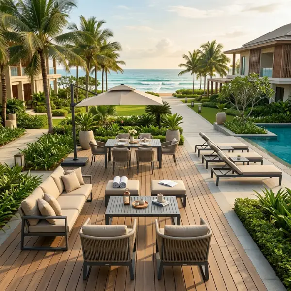 Factory-direct hotel furniture manufacturing in Puri featuring marine-grade aluminium and coastal-proof materials.