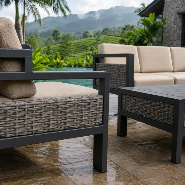 Premium hotel outdoor furniture in Siliguri featuring weatherproof wicker and water-repellent fabrics for poolside and alfresco dining.