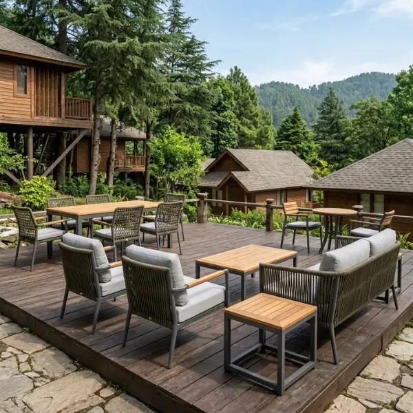 Custom outdoor furniture for a jungle treehouse resort in Nainital, featuring weather-proof seating made by Craftnika.