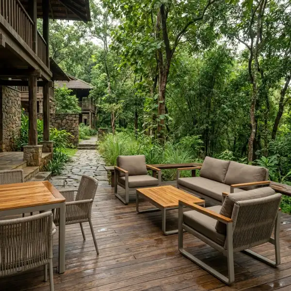 Durable Kabini & Nagarhole Wildlife Lodge Furniture designed for Wayanad's forest-edge climates, featuring weather-resistant wicker and marine-grade frames.