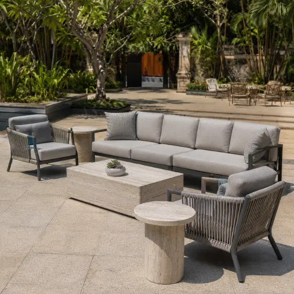 Weatherproof poolside loungers and cabana seating manufactured for luxury hotels and cafes in Karnataka.