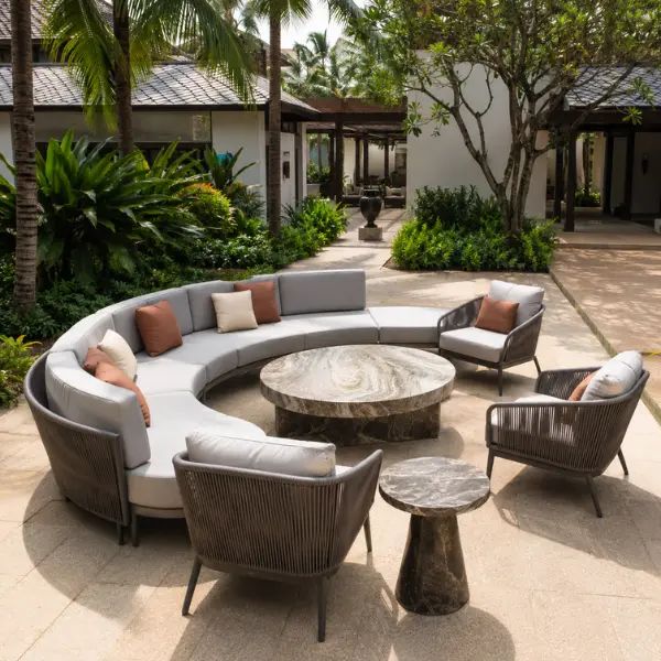 Weatherproof outdoor poolside seating manufactured for luxury beach properties and backwater villas in Kerala.