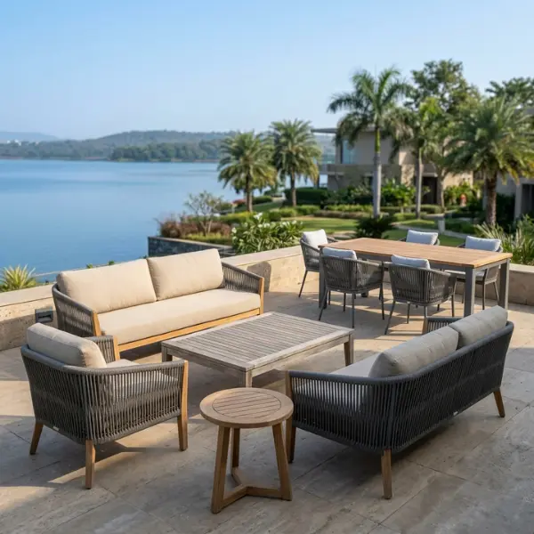High-quality marine-grade outdoor furniture designed for lakefront hotels and resorts in Bhopal.