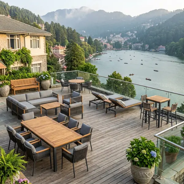 Premium lakeview terrace furniture Nainital engineered for luxury boutique hotels and mountain resorts.
