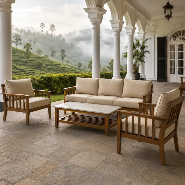 Comfortable balcony seating arrangement overlooking a tea estate, built with rust-proof materials perfect for luxury hill resorts in Tamil Nadu.
