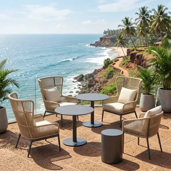Durable luxury beach resort outdoor furniture designed to withstand monsoon winds and salt spray.