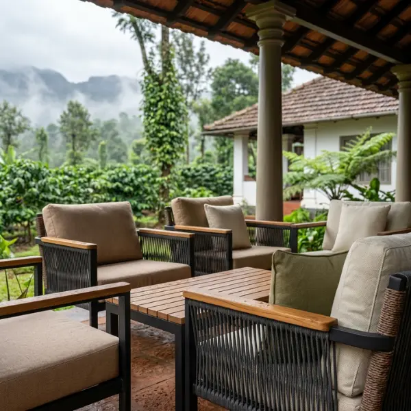 Premium luxury estate furniture offering a timeless colonial aesthetic to homestays and resorts in Wayanad.