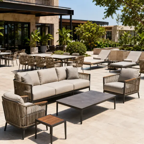 Modern luxury terrace furniture layout for commercial food parks, supplied directly by Craftnika's B2B manufacturing unit.