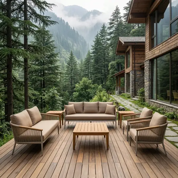 Guests relaxing on luxury forest resort furniture in Mashobra surrounded by pine trees