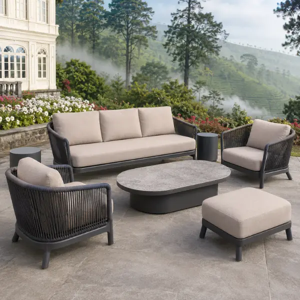 Luxury hill station outdoor seating featuring rust-proof aluminium frames and UV-stabilised wicker.