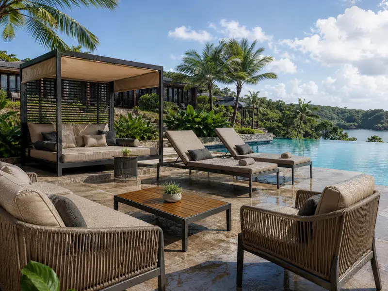 Premium weather-resistant poolside loungers for luxury resorts in Pune.