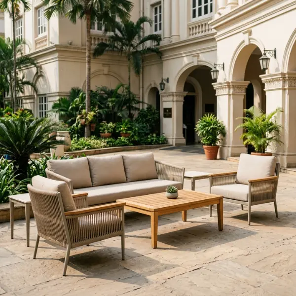 Luxury hotel and resort outdoor furniture setup in Kolkata featuring weather-resistant materials.