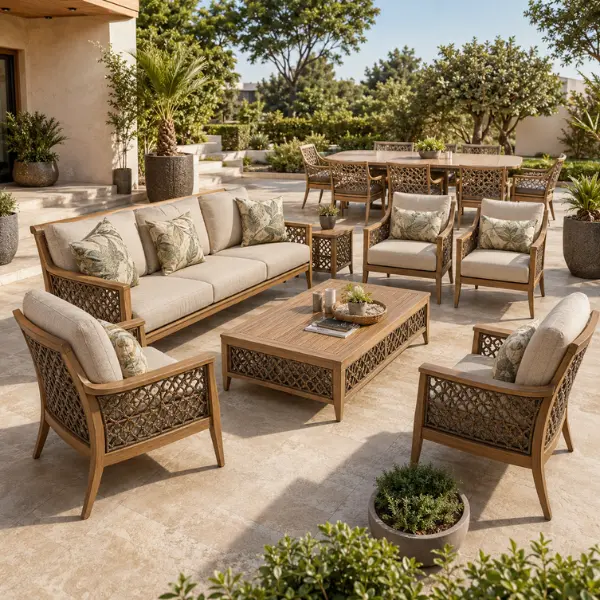 Bespoke outdoor seating arrangements designed specifically for luxury lakeside villas and private farmhouses.