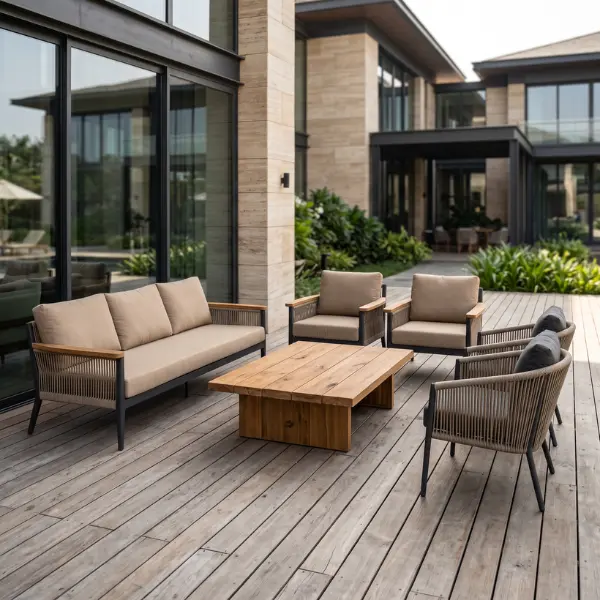Premium luxury patio furniture manufactured in India, featuring commercial deck seating for hospitality venues.