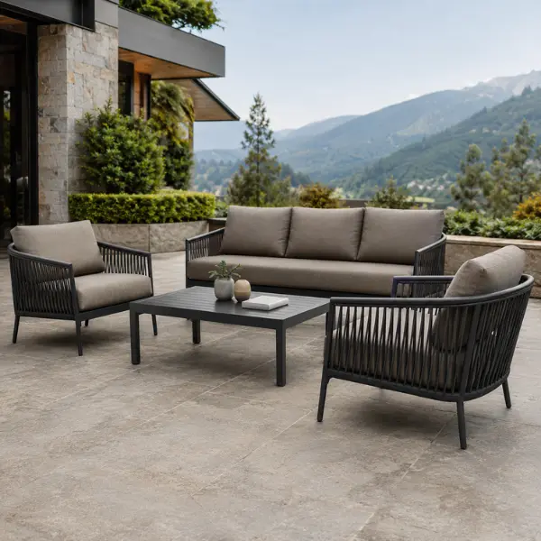 Comfortable balcony seating arrangement for luxury resorts in the Nilgiris, showcasing rust-proof aluminum and plush water-repellent cushions.
