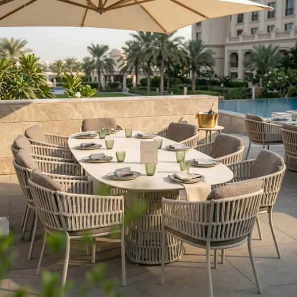 Luxury resort outdoor dining table and chairs in Kolkata.