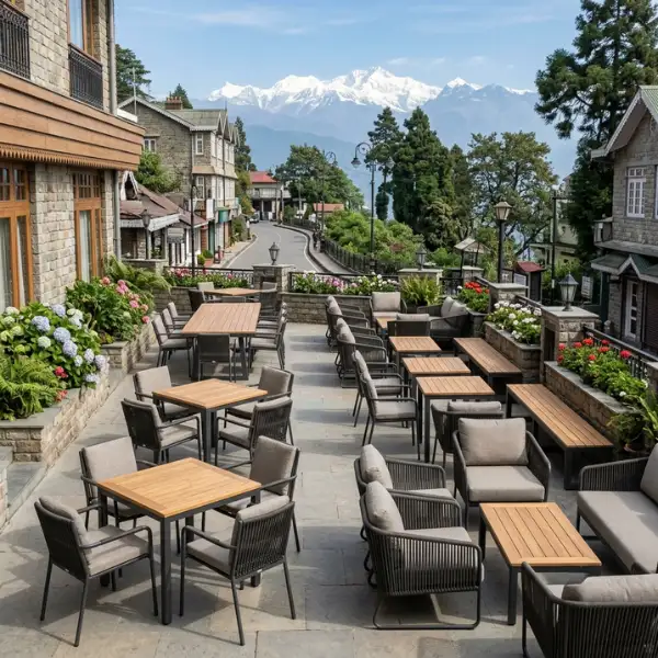 High-quality Mall Road Cafe & Restaurant Furniture for Darjeeling eateries, featuring rust-proof marine-grade aluminium perfect for outdoor dining.