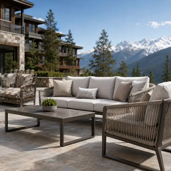 Rust-proof marine-grade aluminium outdoor furniture frames being manufactured for Himalayan resort projects.