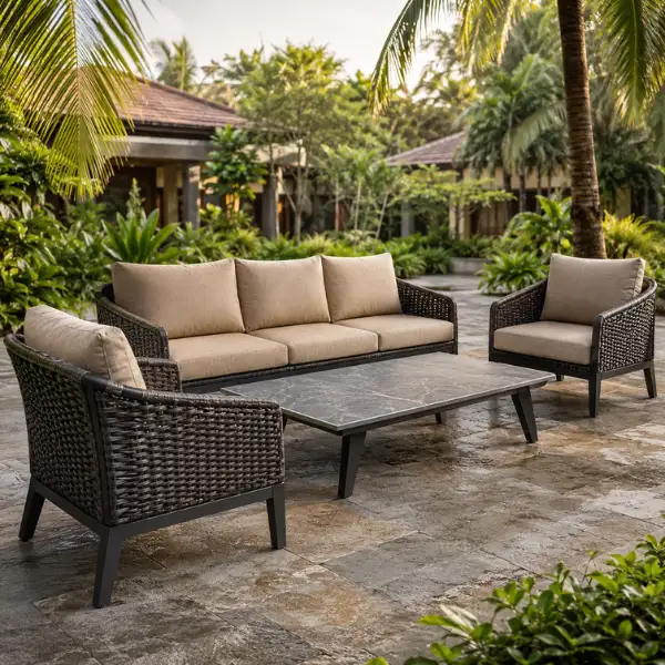 Comfortable meditation garden seating arrangement at an Ayurvedic resort, featuring low-profile bamboo chairs and holistic design elements.
