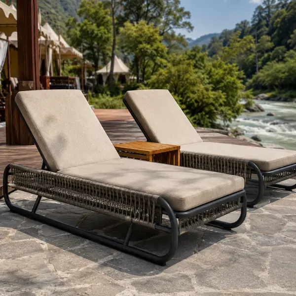 Moisture-resistant glamping tent furniture for riverside resorts in Uttarakhand.