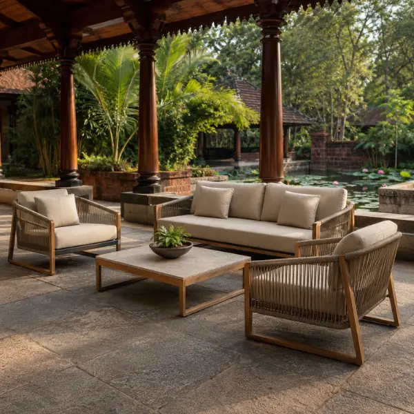 Solid natural teak wellness center loungers placed in a lush garden setting in Kerala, perfect for post-ayurvedic therapy relaxation.