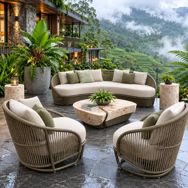 Nature-friendly patio seating designed to blend seamlessly into Kerala's lush hill station environments.