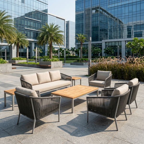 Modern office park outdoor seating supplied by Kolkata's leading commercial furniture manufacturers.