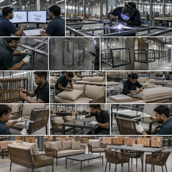 Wholesale outdoor cafe furniture in Guwahati featuring weatherproof wicker and water-repellent fabrics for commercial hospitality spaces.