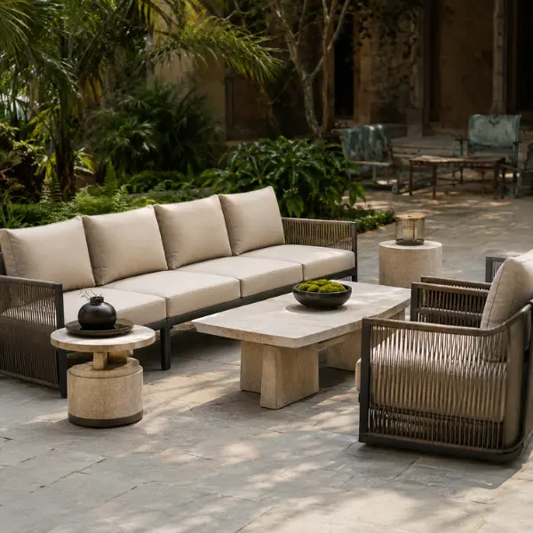 Premium outdoor furniture for Karnataka resorts featuring marine-grade aluminium frames and UV-stabilized wicker.