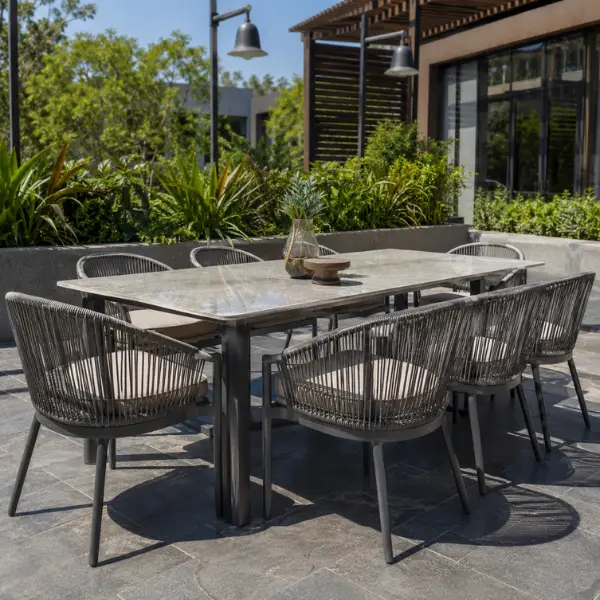 Commercial outdoor furniture manufactured for hotels and resorts in Surat, featuring rust-proof marine-grade aluminium frames.