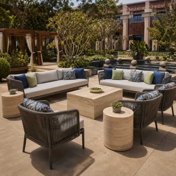 Weatherproof patio and poolside dining furniture from Craftnika, the preferred outdoor furniture supplier Bhubaneswar resorts trust