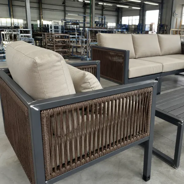 Wholesale outdoor homestay furniture in Coorg featuring rust-proof patio sets designed for plantation stays and luxury villas.