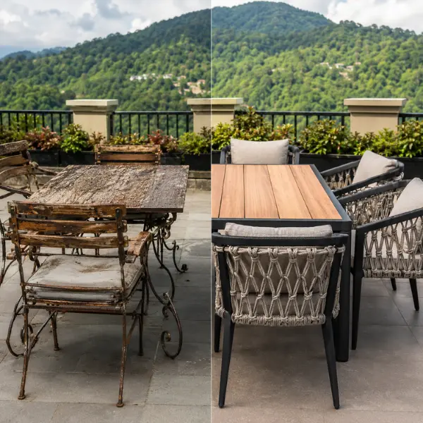 Heavy-duty outdoor restaurant seating for commercial properties in Mussoorie and Dehradun.