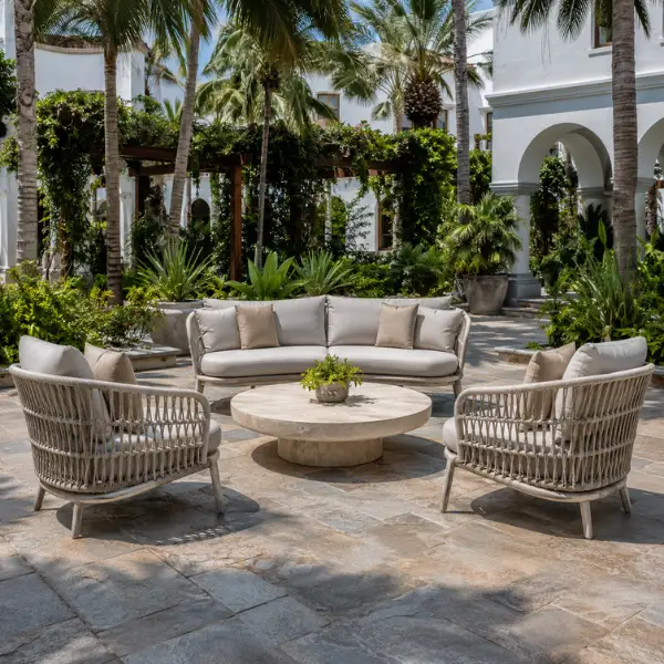 Weatherproof outdoor poolside seating manufactured for luxury beach properties and villas in Pondicherry and Auroville.