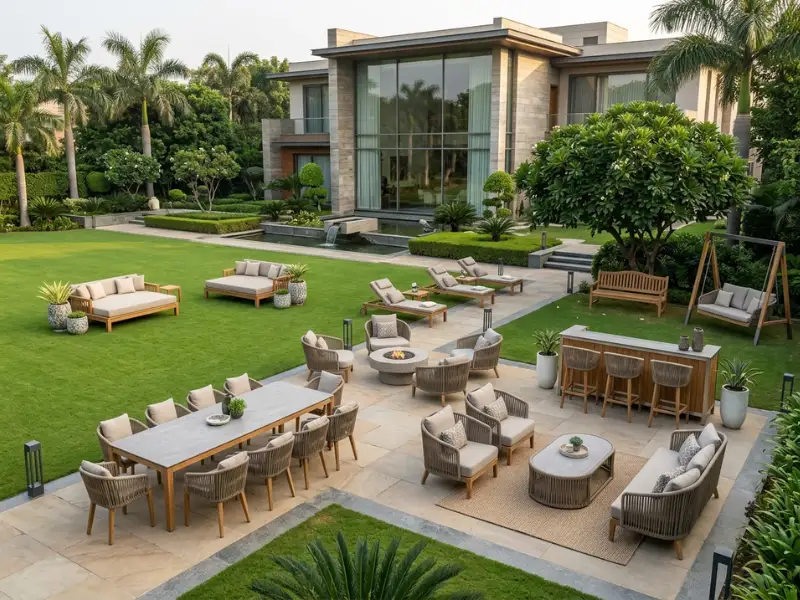 Premium kothi and villa garden furniture setup in Chandigarh featuring weatherproof aluminium frames.