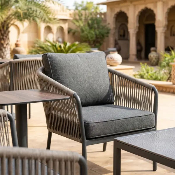Weatherproof alfresco dining chairs and tables manufactured for Pushkar cafe and restaurant outdoor dining areas.